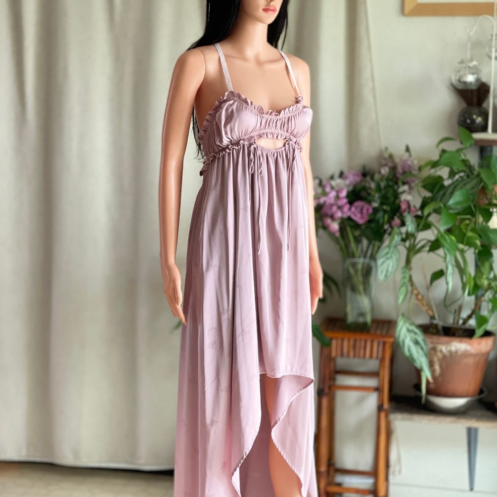 NWOT Allina Liu Lettuce Cutout‎ Dress Pink Satin High-Low Coquette Romantic  S